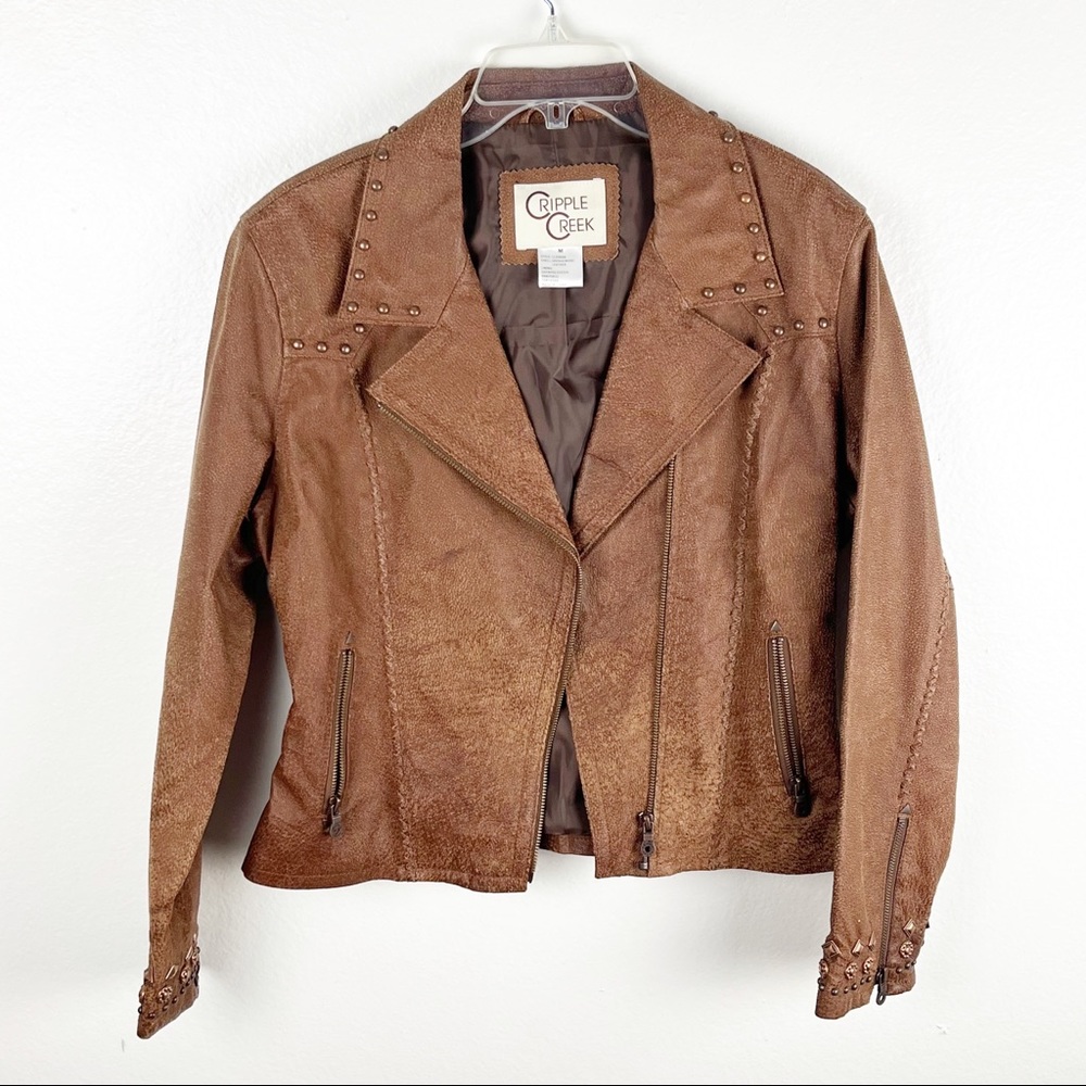 CRIPPLE CREEK Brown 100% Genuine Leather Studded Zip Pockets Jacket Size Medium - Picture 7 of 10